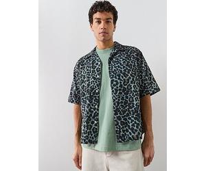 AllSaints Silesia Leo Print Short Sleeve Casual Shirt, Grey, Size L, Men Grey