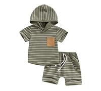 allshope Toddler Baby Boy Clothes Pants Set Short Sleeve Hooded Patchwork Plaid Hoodie Top Solid Color Shorts Summer Outfit, Army Green, 18-24 Months
