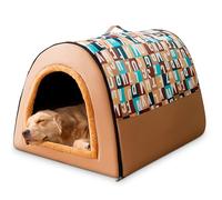 ALLSOPETS Cat Dog Bed 2-in-1 Foldable Self-Warming Pet Tent Cave Bed for Cats and Small Medium Dogs | Portable Dog House with Top Handles for Indoor Deep Sleep (Letter Brown, M)