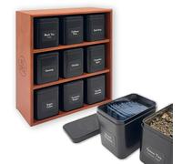AllSpice Tea Rack Organizer with 9 Tins & 160 Magnetic Labels - Perfect for Bagged & Loose Leaf Tea Organization - Cherry