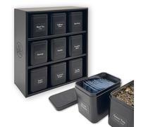 AllSpice Tea Rack Organizer with 9 Tins & 160 Magnetic Labels - Perfect for Bagged & Loose Leaf Tea Organization - Black