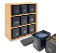 AllSpice Tea Rack Organizer with 9 Tins & 160 Magnetic Labels - Perfect for Bagged & Loose Leaf Tea Organization - Bamboo