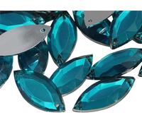 Allstarco 20x9mm Blue Aqua CH24 Navette Flat Back Sew On Beads for Crafts Plastic Acrylic Rhinestones with Holes for Sewing, Clothing Embelishments, Costume Cosplays 50 Pieces