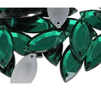 Allstarco 20x9mm Green Emerald CH18 Navette Flat Back Sew On Beads for Crafts Plastic Acrylic Rhinestones with Holes for Sewing, Clothing Embelishments, Costume Cosplays 50 Pieces