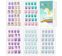 Allstarry 120pcs 5 pack Press on Nails, Pre-glue Full Cover Glitter Gradient Color Rainbow Short False Nail Kits Lovely Gift Nail Art Decoration - Purple Unicorn