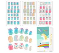 Allstarry 72pcs 3 pack Children Nails Press on Pre-glue Full Cover Glitter Gradient Color Rainbow Short False Nail Kits Lovely Gift for Children Little Girls Nail Art Decoration - Rainbow Glitter