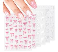 Allstarry Bow Nail Stickers, 6 Sheets Aurora Shell Bow Stickers for Nails, Self-Adhesive Pink White Ribbon Bows Cute Nail Decals for Women Girl Gift Christmas Valentine's Day Accessories Decoration