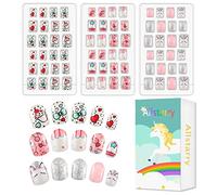 Allstarry Children Nails Press on Pre-glue Full Cover Glitter Gradient Color Rainbow Short False Nail Kits Lovely Gift for Children Little Girls Nail Art Decoration - Lovely Kitten