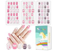 Allstarry Children Nails Press on Pre-glue Full Cover Glitter Heart Solid Color Short False Nail Kits Lovely Gift for Children Little Girls Nail Art Decoration - Pink Series