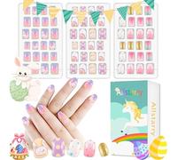 Allstarry Children Nails Press on Pre-glue Full Cover Rabbit Gradient Color Dot Short False Nail Kits Lovely Gift for Children Little Girls Nail Art Decoration -Purple Planet