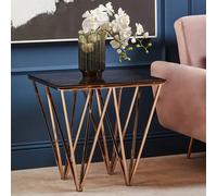 allston amber glass end table with prismatic rose gold frame