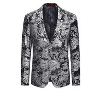 Allthemen Men's Luxury Casual Velvet Dress Suit Slim Fit Floral Prints Stylish Blazer Coats Chic Jackets, Silver, 3XL