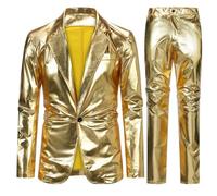 Allthemen Mens Shiny 2 Piece Suits 1 Button Slim Fit Tuxedo Suits Casual Jacket Trousers for Wedding Party Gold S