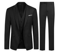 Allthemen Mens Suits 3 Piece Slim Fit Wedding Formal Tuxedo 1 Button Blazers Jacket Waistcoat Trousers Black S
