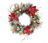 Allthingstore Lighted 16-Inch Christmas Wreath Featuring Red Poinsettia Flowers, Golden Baubles, Glitter Pinecones for Indoor or Outdoor Holiday Door and Wall Display