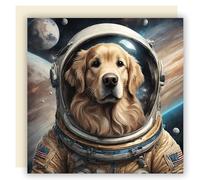 ALLTRADE Greeting Card for any Occassion. Golden Retriever Space Dog Astronaut, Blank Inside with Ivory Envelope. Square 148 x 148 mm, FSC® Certified, MADE IN BRITAIN® Solar Energy