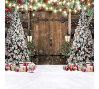 Alltten 10X10FT Christmas Photo Backdrop Rustic Barn Wood Door Christmas Backdrop Christmas Tree Gifts Decor Background Family Xmas New Year Party Supplies F103