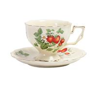 AlluraPet Ceramic Coffee Cup and Saucer Set with Strawberries Pattern - 6.3x3.7 inch (16x9.5cm) - Vintage Gold Trim