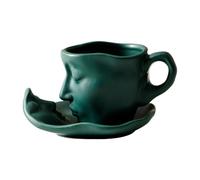 AlluraPet Human Face Ceramic Coffee Cup with Saucer Set - 100ml Irregular Shape Mug for Espresso Tea Juice- Green