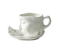 AlluraPet Human Face Ceramic Coffee Cup with Saucer Set - 100ml Irregular Shape Mug for Espresso Tea Juice- White