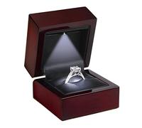 Allure - Luxury Ring Box With LED Light, Authentic Mahogany Wood With Black Leatherette Insert, Square Elegant Diamond Ring Case, For Unique Proposal Or Wedding, Small Jewelry Display Gift Box.