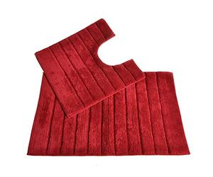 Allure Ribbed Design 2 Piece Bath and Pedestal Toilet Mat Set, 100% Cotton (Cranberry)