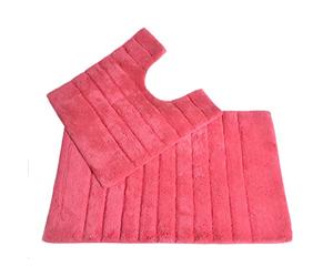 Allure Ribbed Design 2 Piece Bath and Pedestal Toilet Mat Set, 100% Cotton (Hot Pink)