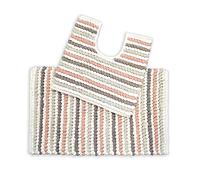 Allure Striped Chunky Bobble Two Piece Bath Mat & Toilet Mat Set, Handwoven, Cotton Blend, Pom-Pom Design (Blush)