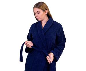 Allure Terry Towelling Bathrobe - 100% Cotton Unisex Shawl Robe for Men, Women (S/M, Navy)