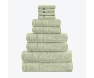 Allure Zero Twist 10 Piece Towel Set - 4 Face Cloths, 2 Hand Towels, 2 Bath Towels, 2 Bath Sheets, 100% Egyptian Cotton (Sage Green)