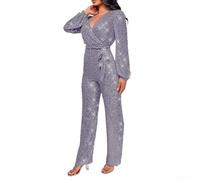 Alluring Long Sleeve Sequin Jumpsuit for Women in V Neck Style for Autumn Winter Nights (M Grey)