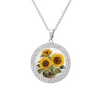 Alluring Sunflowers Summer Diamond Necklace for Women Girlfriend Mom 20" Cable Chain Round Pendant Necklace Memorial Couple Friendship Jewelry Birthday Anniversary Wedding Keepsake Romantic Gifts, One