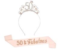 ALLY-MAGIC 50th Birthday Sash & Crown Set for Women, Rose Gold Rhinestone Headband Tiara Glitter 50 & Fabulous Sash, 50th Birthday Party Decorations Gift for Her Y9SRJDFGTZ50