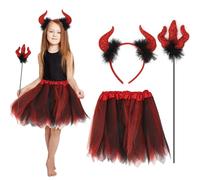 ALLY-MAGIC Children's Devil Costume 3PCS Kids Red Devil Costume Set Include Devil Horns Headband, Devil Fork and Tutu Skirt Halloween Outfit for Halloween Christmas Party Fancy Dress Cosplay Y7ETEMTZ