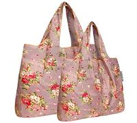 allydrew Large Foldable Tote Nylon Reusable Grocery Bag, Set of 2, Roses on Khaki, Large & Small, P72022 Large & Small Foldable Tote Nylon Reusable Grocery Bags, Set of 2