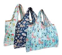 allydrew Large Foldable Tote Nylon Reusable Grocery Bags, 3 Pack, Flamingoes, Dogs, Llamas