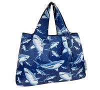allydrew Large Foldable Tote Nylon Reusable Grocery Bags, Sharks in Blue