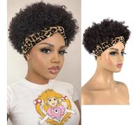 Allyreetress Afro Headband Wig Short Afro Wig Curly for Black Women Natural Black Glueless Afro Wig with Headbands Synthetic with 2 Clips (#2 Natural Black)
