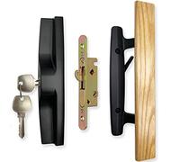 ALLYWASAI Sliding Patio Door Handle Set with Mortise Lock, Key Cylinder and Face Plate, Wood Handle Lock Set Fits Door Thickness from 1-1/2" to 1-3/4", 3-15/16" Screw Hole Spacing, Black
