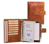 ALMADIH Leather A6 Diary, Calendar 2025 Notepad Premium Cowhide BD Gift Box Leather Folder Writing Case Organiser Diary Ring Binder Folder Pocket Compact Brown (A6 Ter Deluxe)
