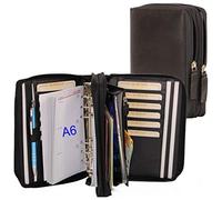 ALMADIH Leather A6 Organizer Double Zipper, Rings + Calendar 2025 Writing Pad, Premium Cow Leather black with Gift Box - Personal Planner Conference Folder System Ring Binder Portfolio A6KB