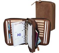 ALMADIH Leather A6 Organizer with 2 compartments Double Zipper Rings Calendar 2025 Writing Pad Premium Cow Leather brown vintage Personal Planner Conference Folder System Ring Binder Portfolio