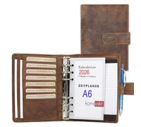 ALMADIH Leather A6 Planner with Rings, Calendar 2025 + A6 Writing Pad made from Premium Cow Leather brown vintage with Giftbox - Personal Organizer Conference Folder System Ring Binder Zipper