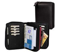 ALMADIH Leather A7 Organizer with 2 compartments, Double Zipper + Calendar 2025 + Writing Pad, Premium Cow Leather black - Personal Planner Conference Folder System Ring Binder Portfolio Workbook