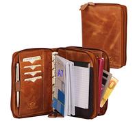 ALMADIH Leather A7 Organizer with 2 compartments Double Zipper Calendar 2025 + Writing Pad Premium Cow Leather brown deluxe - Personal Planner Conference Folder System Ring Binder Portfolio Folio