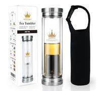 Almagic 13oz Tea Infuser Bottle for Loose Leaf Tea, Double Wall Glass Tea Bottle with Infuser, Insulated Tea Tumbler with Infuser, Leak Proof Travel Tea Mug with Protective Travel Sleeve