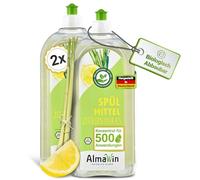 AlmaWin® Organic Washing Up Liquid with Lemongrass Fragrance - 2 x 1 L Sink - Powerful Dishwasher Liquid with High Grease Dissolving Power - Vegan Dish Soap - High Yield Concentrate