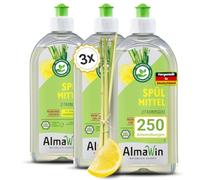 AlmaWin Organic Washing Up Liquid with Lemongrass Fragrance - 3 x 500 ml Rinse - Powerful Dishwashing Liquid Liquid with High Fat Dissolving Power - Vegan Dish Soap - Rich Concentrate
