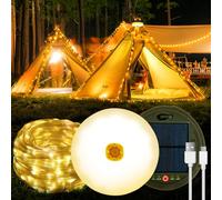 Almaxi Stowable String Lights 39FT/12M 120LED, Solar Camping Lights Reel, USB Rechargeable, Waterproof Retractable Camping Light for Outdoor, Indoor, Home, RV, Garden, Patio, Warm White
