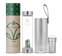 Almeara Crystal Water Bottle with Authentic Moss Agate, Opal Stones & Smoky Quartz Removable Gemstones, Loose Leaf Tea Infuser - Relaxation, Healing & Spiritual Gifts for Women - Witchcraft Supplies